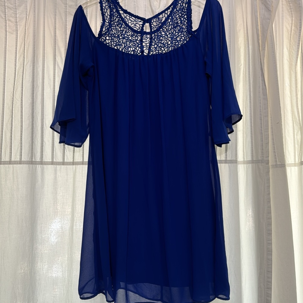 Ladies A line shift dress, cold shoulder sheer top layer, sheer bell sleeves